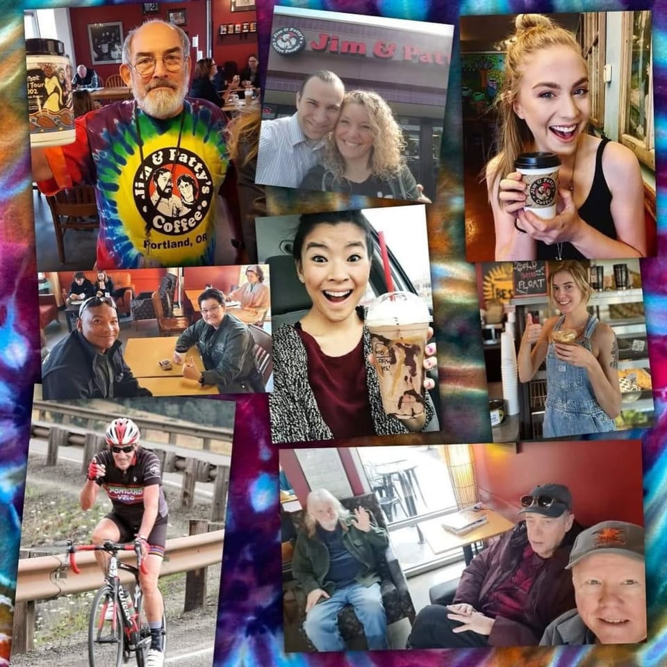 A collage of diverse people enjoying Jim & Patty's Coffee, including customers, staff, and owners.